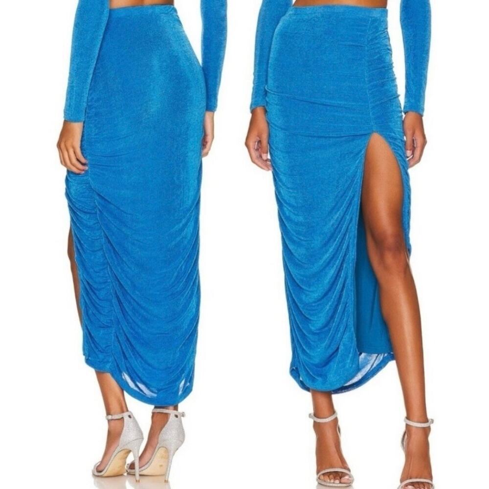 Remi x Revolve Blue Draped Ruched Maxi Skirt Size 2X | Lined High Slit Skirt